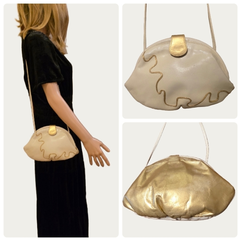 Vintage Chano Spain Chic Cream and Gold Leather Convertible Cloud Clutch